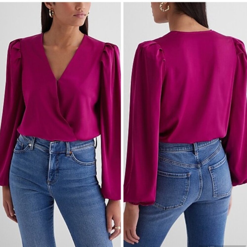 Express Hot Pink Long Bell Sleeve V Neck Bodysuit- NWT! NEVER WORN!